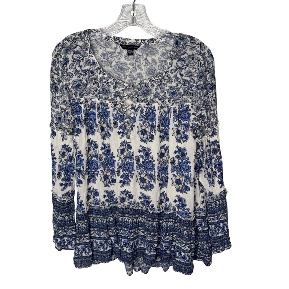 American‎ Eagle Blue Floral Lace Up Peasant Blouse S Boho Tiered Top Y2K Hippie